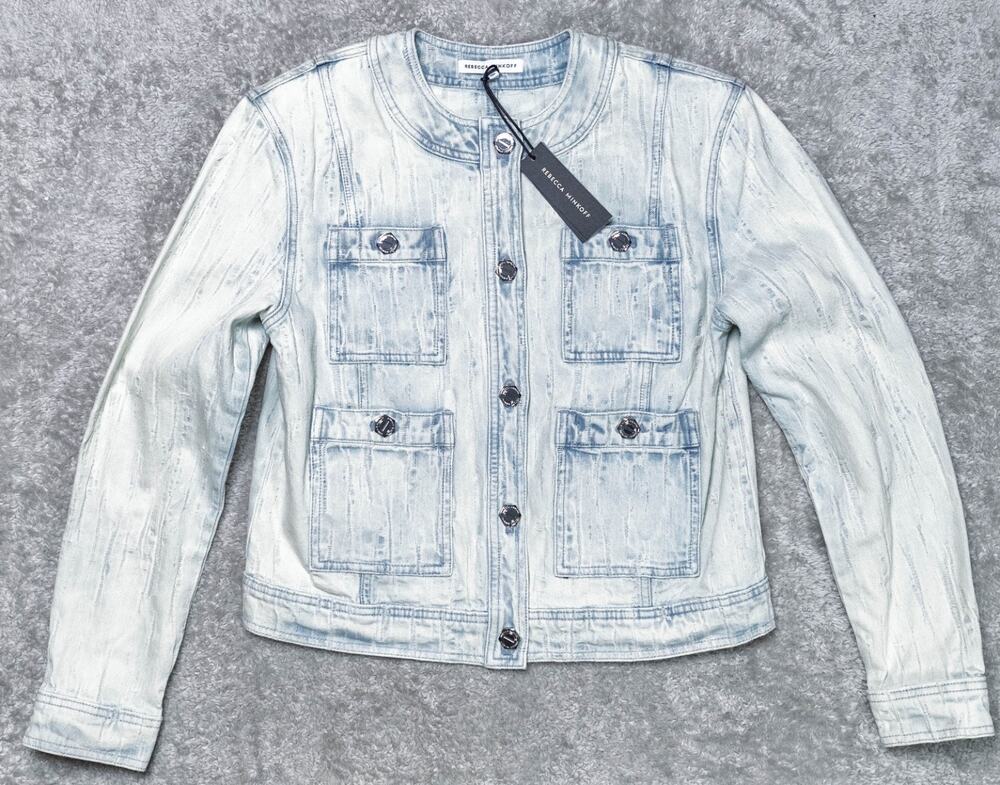 Rebecca Minkoff Baxter Patch Pocket Acid Wash Blue Denim Jacket Womens M NWT